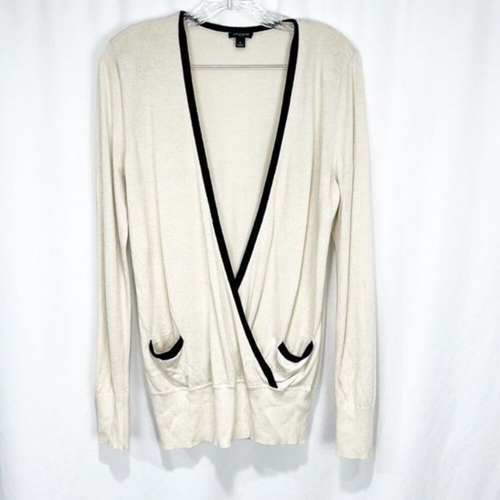 Ann Taylor Cream Black Tip Faux Wrap Top Large